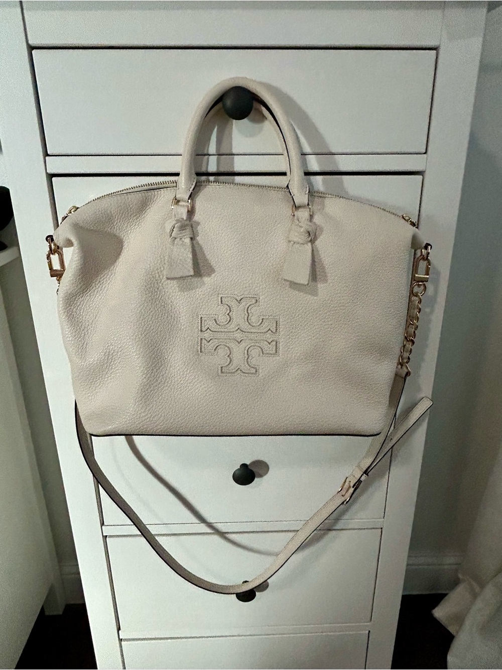 Tory Burch Cream Pebbled Leather Satchel with Chain-Accent Strap